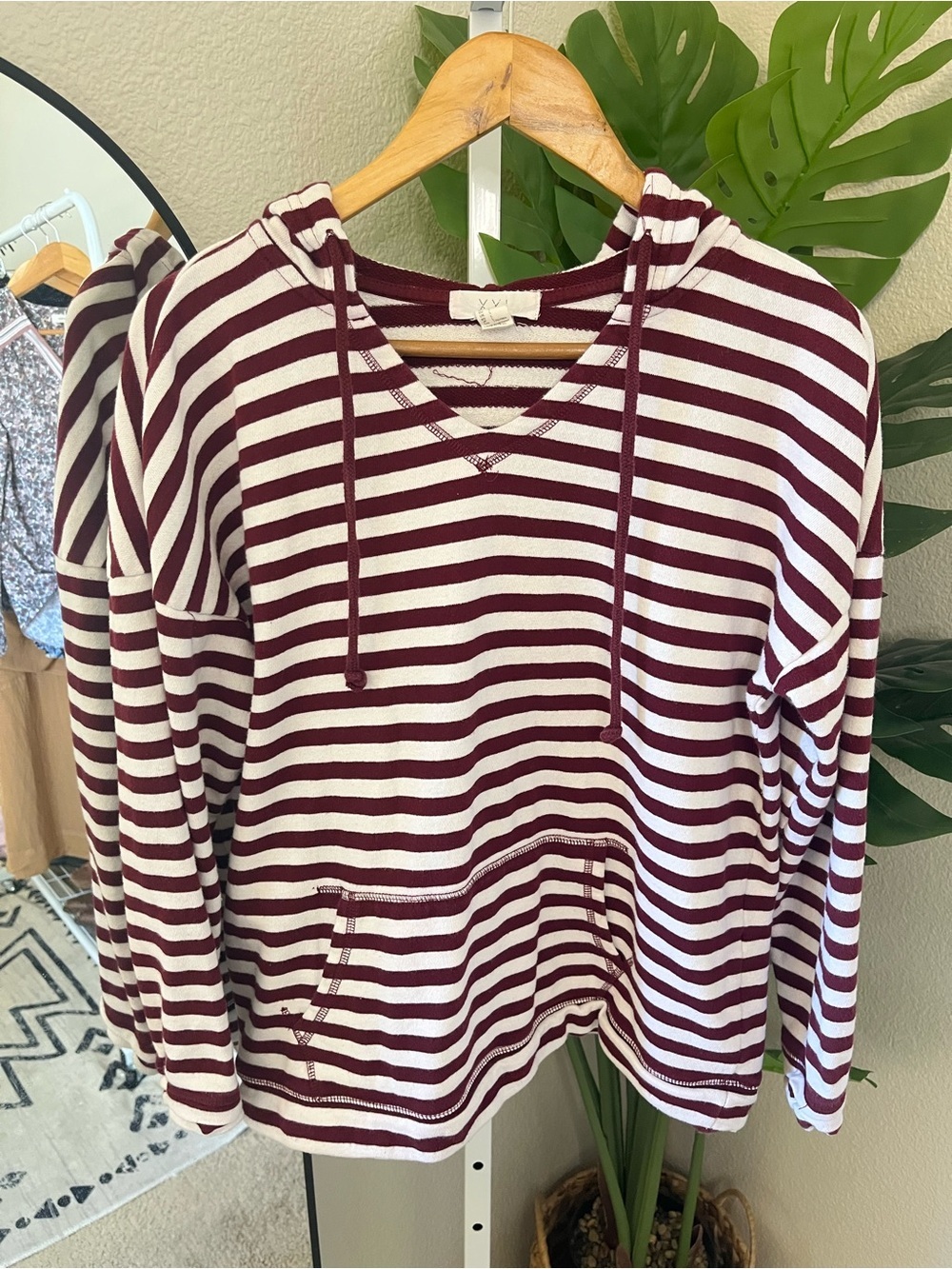 Burgundy & Ivory Striped Hoodie Large | Casual Coastal Pullover Sweatshirt